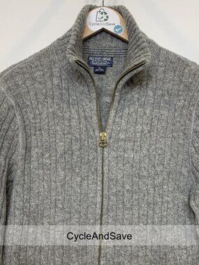 Polo Ralph Lauren Gray Cable Knit Wool Zip Up Sweater - Preppy Style XL/L
